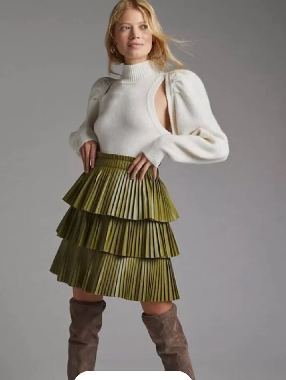 Anthropologie Olive Faux-Leather Pleated Midi Skirt